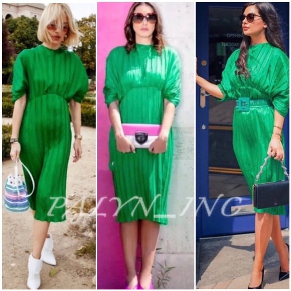 ZARA LIMITED EDITION GREEN PLEATED MIDI DRESS WITH PUFF SLEEVES 2297/693 small - Picture 1 of 15